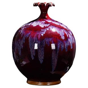 景德镇陶瓷器手工仿古钧瓷窑变山水石榴瓶中式公司客厅花瓶摆件