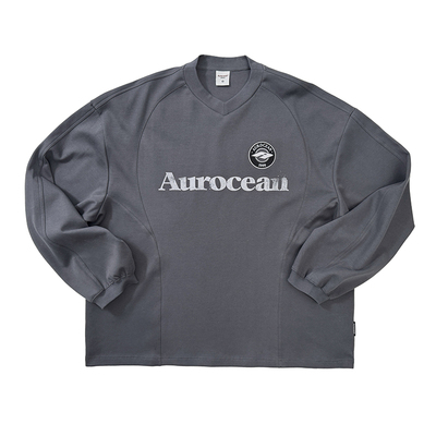 Aurocean 徽章刺绣球衣T恤 深灰色宽松大版秋冬内搭长袖t