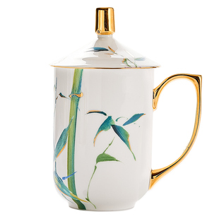 华光国瓷骨瓷茶杯盖杯泡茶杯新中式会客茶杯碟陶瓷杯喝水杯子青竹