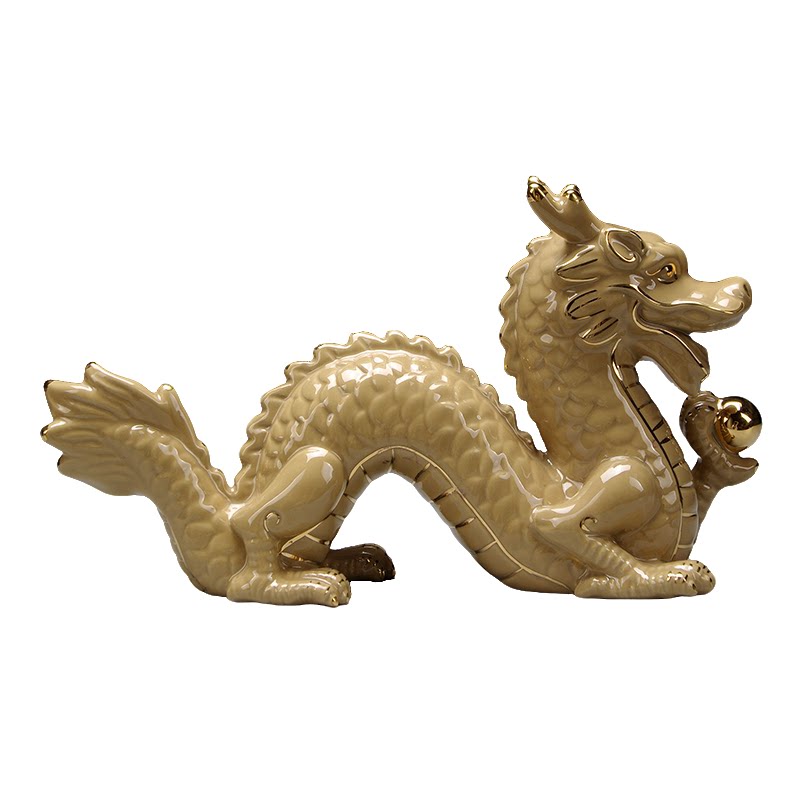 土黄陶瓷五爪龙摆件招财化解