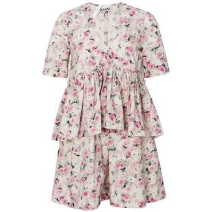 GANNI 春季新款女士V领印花通勤收腰短袖连衣裙银泰百货