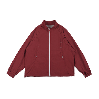 NOEARS红色可拆卸袖工装夹克日系复古户外冲锋衣宽松外套薄款防风