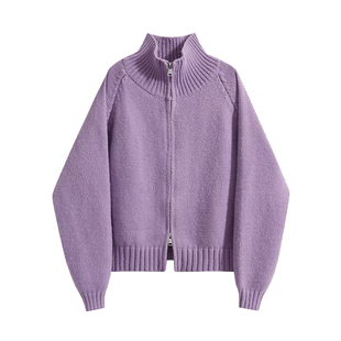 专柜韩式宽松立领双拉链毛衣针织外套女士秋冬季短款高领厚实开衫
