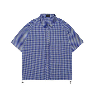 【100%棉】男装抽绳下摆格子短袖衬衫少年感复古宽松休闲外套夏季