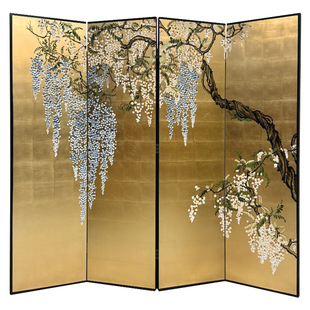 法式中国风手绘紫藤花漆画金箔屏风中古风高端茶室客厅沙发背景画