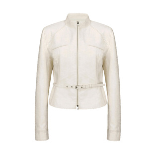 RAIVE小冰岛素皮衣2026春季女夹克白色收腰含腰带拉链立领短外套