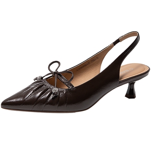 千百度褶皱细高跟羊皮法式时装半凉鞋女2026夏季新款小猫跟凉鞋