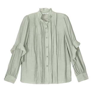 明星同款\MSLAN浅春系优雅荷叶边衬衫立领牛油果绿衬衣MFDN154