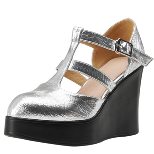 北西迪10CM真皮增高尖头单鞋女2025夏季百搭银色厚底松糕休闲单鞋