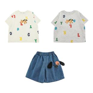 幼悠男童2025夏季新款短袖圆领卡通T恤轻薄宽松阔腿牛仔短裤套装