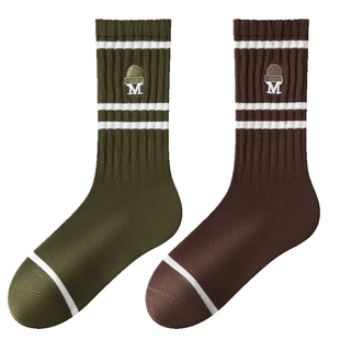 袜子男秋冬季男士M字母刺绣双杠长筒青少年简约百搭棉袜透气防臭