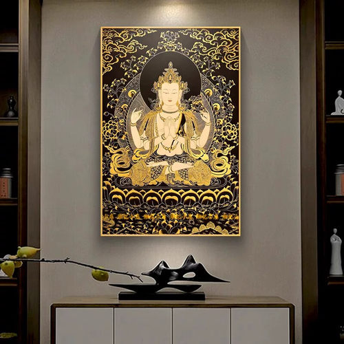 唐卡挂画黄财神壁画释迦牟尼佛像挂画观音菩萨发财招财玄关装饰画