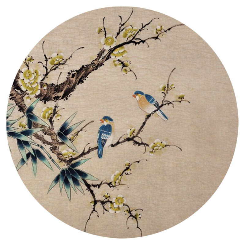 自粘贴画圆形玄关墙贴画新中式客厅风景花鸟画墙画装饰过道贴纸画