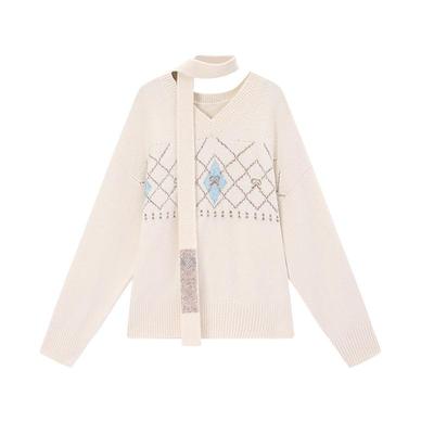 ablueberry米色飘带菱格毛衣女