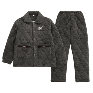 男士睡衣冬季三层珊瑚绒夹棉袄加厚加绒保暖拉链款家居服套装冬款