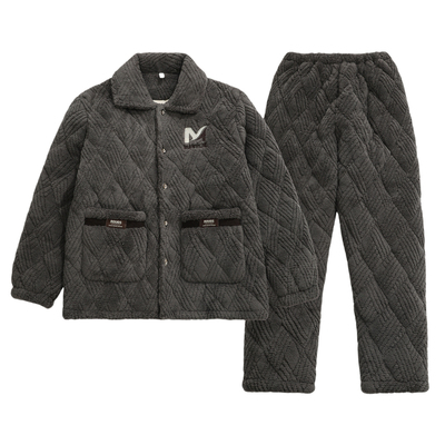 男士冬季三层珊瑚绒夹棉袄睡衣