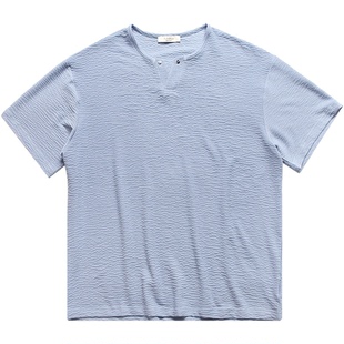 日系复古高级感V领短袖男款夏季潮牌垂坠肌理T恤男士休闲半袖上衣