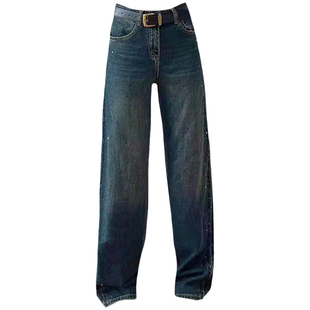 2024秋款Jeans阿凡牛A3544时尚重工烫钻宽松显瘦女牛仔直筒阔腿裤