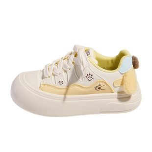 人本布丁狗女鞋2025新款冬季厚底板鞋加绒加厚休闲小白鞋大头鞋子