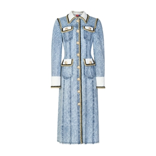 【明星同款】LEFAME拉飞姆珍珠船锚单排扣菱格牛仔超长外套气质女