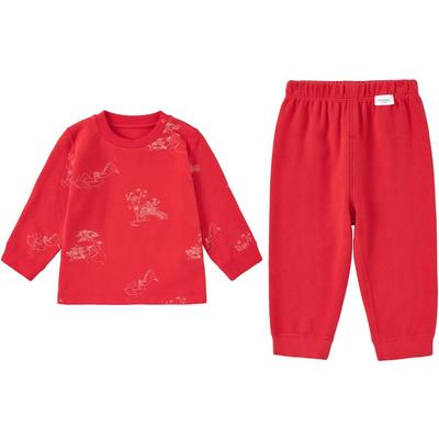 全棉时代儿童套装新年保暖家居服婴儿衣服宝宝分体红色婴儿睡衣