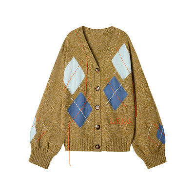 Uena绿色撞色菱形格纹毛针织开衫