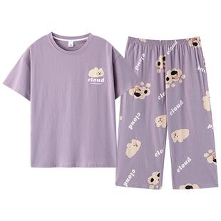 芬腾睡衣女士夏季纯棉薄款短袖七分裤夏天大码外穿女款家居服套装