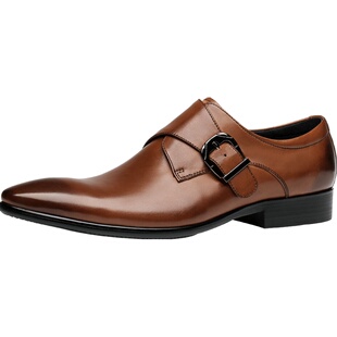 欧美简约商务男式金属搭扣马蹄扣皮鞋男套脚头层牛皮无带尖头真皮