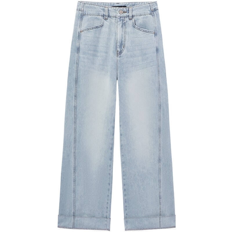 爱居兔浅蓝色阔腿牛仔裤女2026夏季新款速干肌面料可翻边休闲长裤