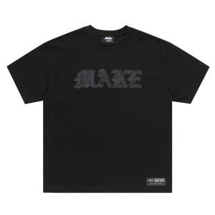 Makemore短袖t恤男夏季美式黑色贴皮刺绣落肩袖宽松纯棉白色半袖