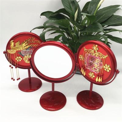 婚庆结婚梳妆镜新娘红色中式嫁妆台式镜化妆镜镜子装饰红色双面