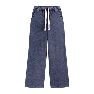 Desigual25秋冬新品蓝灰色水洗撞色三角针刺绣长款女士休闲裤