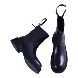 小众鞋楦黑色圆头粗跟饮奶牛皮百搭厚底休闲切尔西骑士女靴223053