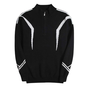 明星同款黑白撞色线条男士羊绒衫半高领拉链针织衫时尚青年毛衣潮
