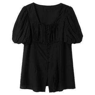 ibudu2025夏季新款复古方领灯笼袖衬衫纯色衬衣小衫上衣女