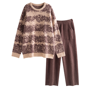 半边绒睡衣女秋冬季宽松大码加厚保暖可外穿出门家居服珊瑚绒套装