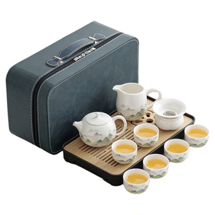 羊脂玉茶具套装便携式家用户外旅游盖碗茶壶茶杯白瓷功夫茶具茶盘