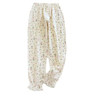 纯棉绉布卡通收口家居裤女2024新款春夏宽松休闲薄款透气防蚊睡裤