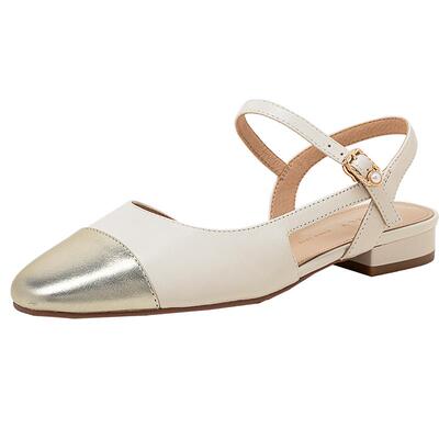 康莉低跟小香风银色圆头包头凉鞋