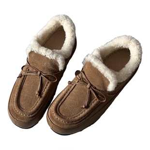 复古真皮厚底加绒乐福鞋女冬外穿2025新款保暖毛毛棉鞋蝴蝶结单鞋