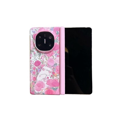 可爱玫瑰花猫咪适用于华为Mate X7折叠屏手机壳肤感硬壳OPPOFindN6手绳vivo X Fold5个性创意荣耀MagicV6磨砂