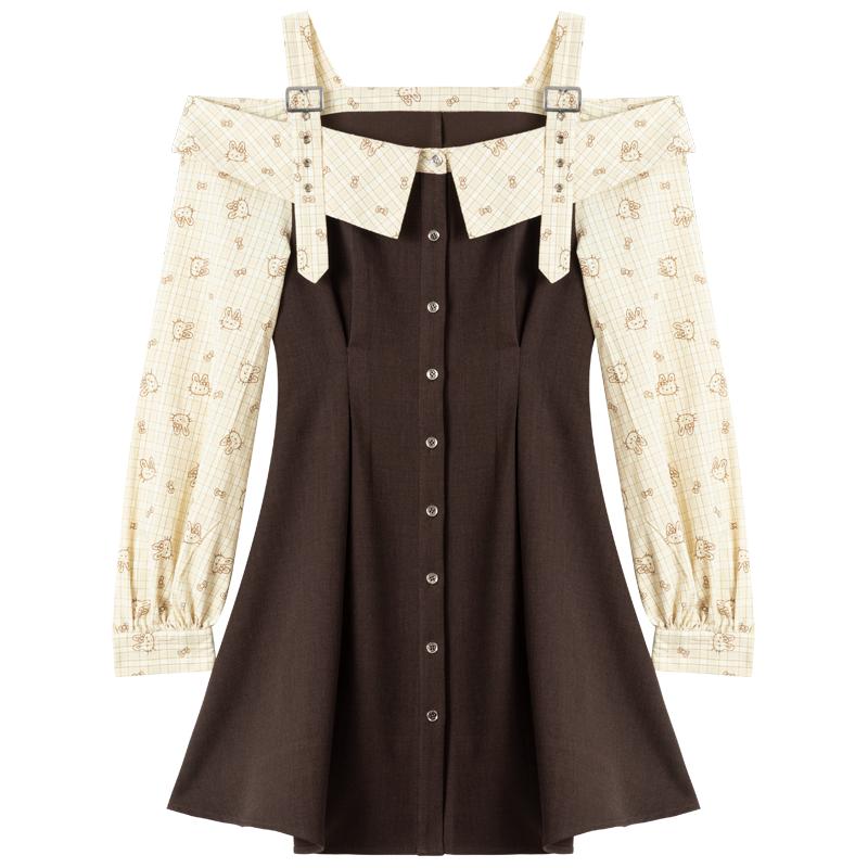 KEIKO 法式复古一字肩长袖连衣裙25秋季设计感小众拼色A字吊带裙