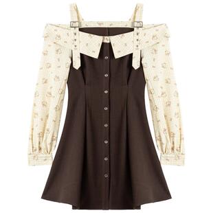 KEIKO 法式复古一字肩长袖连衣裙26春季设计感小众拼色A字吊带裙