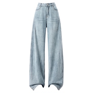 拉夏贝尔深蓝色复古弯刀牛仔裤女2026春秋新款高腰显瘦宽松阔腿裤