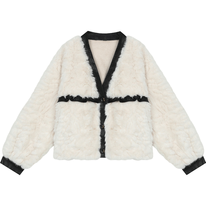 妖精的口袋皮毛一体千金风短款毛呢外套女2025年冬季新款环保皮草