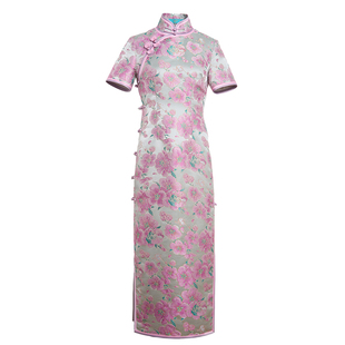 玉桃花*三重门40姆米织金宋锦复古桑蚕丝长款旗袍高端妈妈女礼服