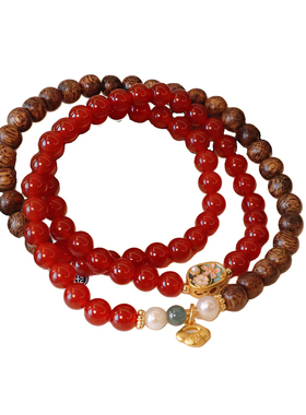 天然红色玛瑙三圈手链女新中式