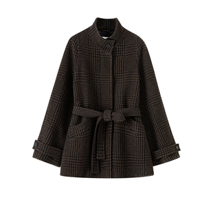 ROSELINGLING共鸣前卫摩登场景进口格纹/纯色羊毛料微A廓形短大衣