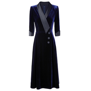 绝色西装领墨绿色金丝绒连衣裙2025早秋新款洋气质简约ol知性女装