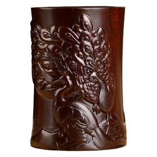 黑檀木雕凤凰笔筒工艺品办公室书桌家居客厅木质笔筒摆件送礼